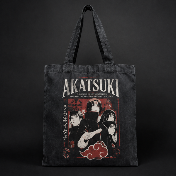 Washed black tote bag with Itachi Uchiha Naruto Akatsuki True Pain graphic – photo 1
