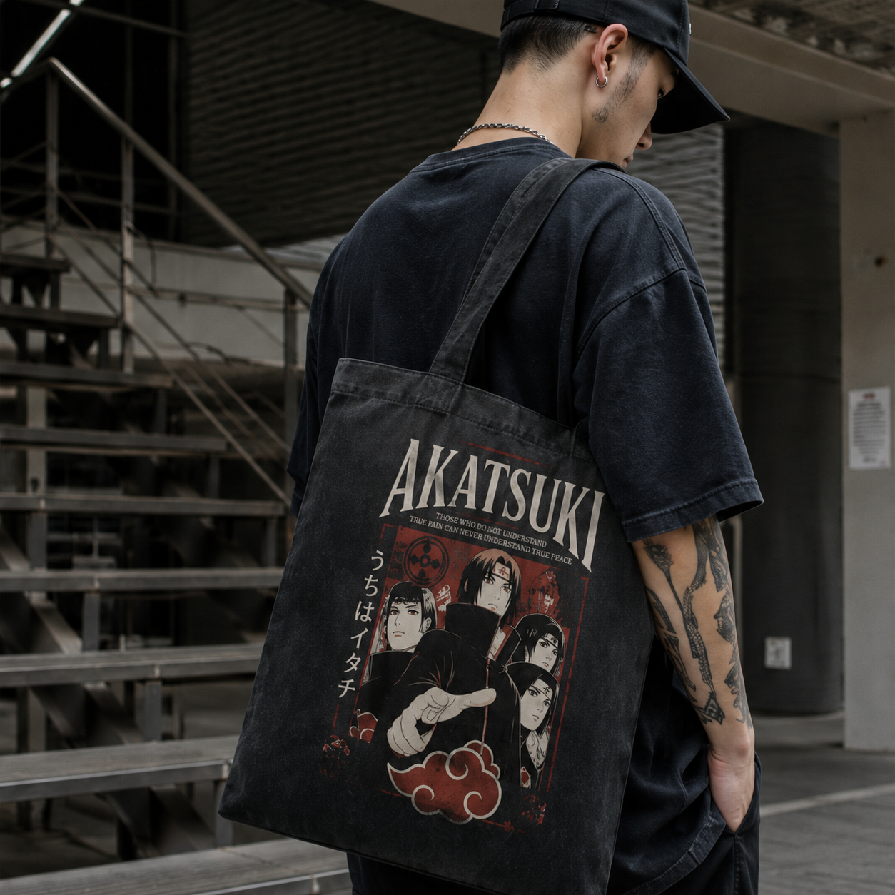 Washed black tote bag with Itachi Uchiha Naruto Akatsuki True Pain graphic – photo 2