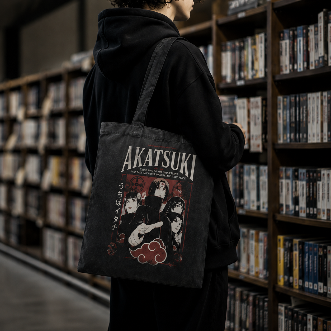 Washed black tote bag with Itachi Uchiha Naruto Akatsuki True Pain graphic – photo 3