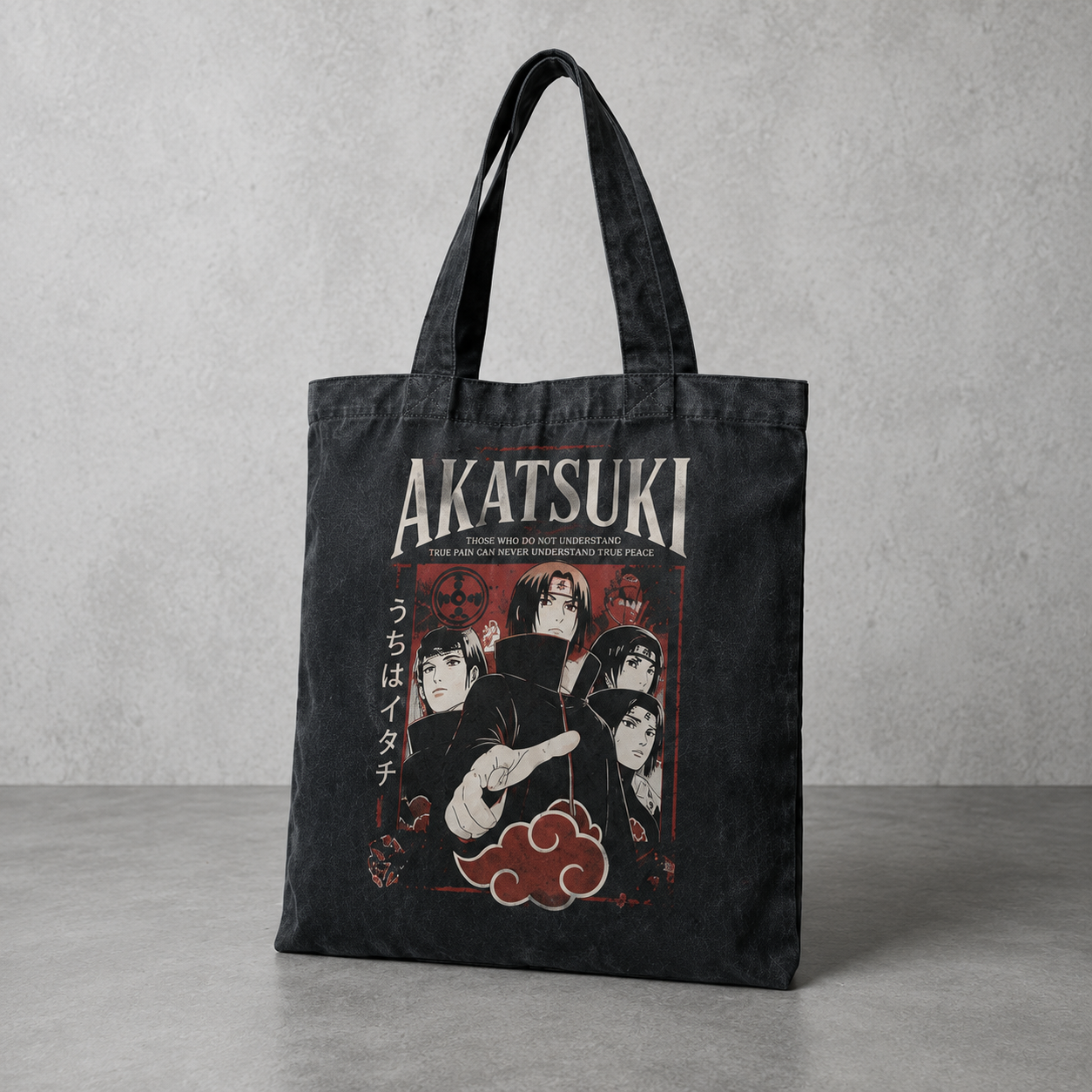 Washed black tote bag with Itachi Uchiha Naruto Akatsuki True Pain graphic – photo 4