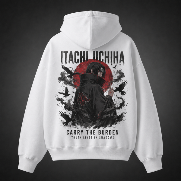 White hoodie with Itachi Uchiha Naruto Carry The Burden graphic – photo 1