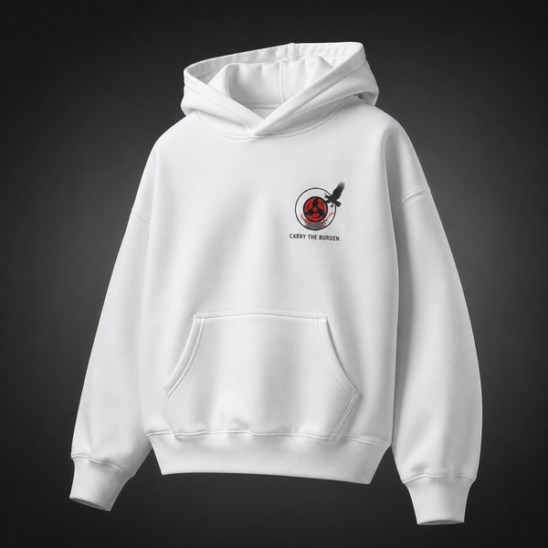 White hoodie with Itachi Uchiha Naruto Carry The Burden graphic – photo 2