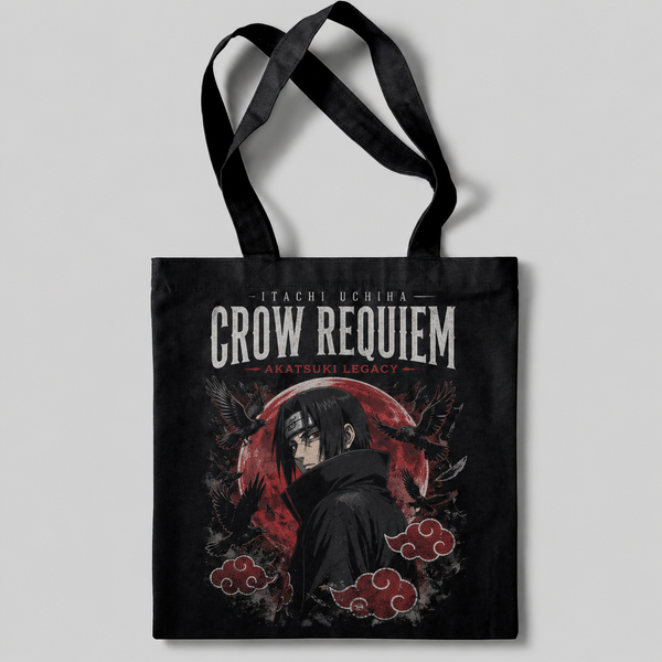 Black tote bag with Itachi Uchiha Naruto Crow Requiem graphic – photo 1