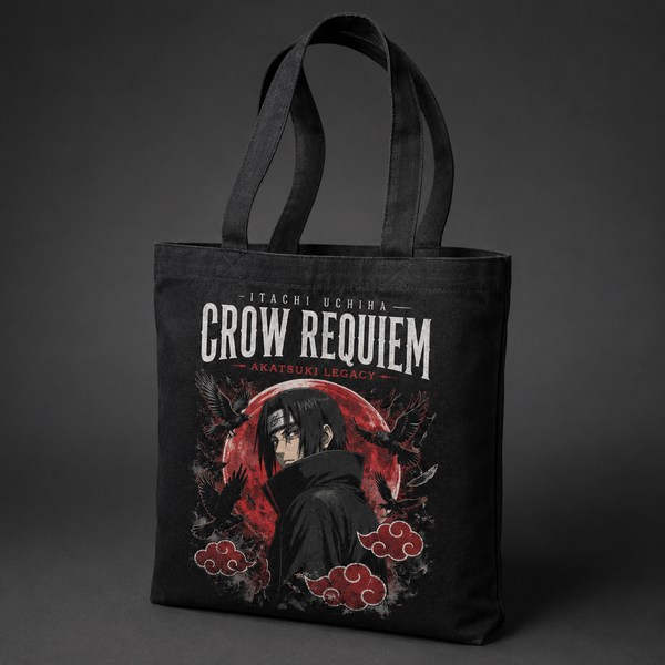 Black tote bag with Itachi Uchiha Naruto Crow Requiem graphic – photo 2