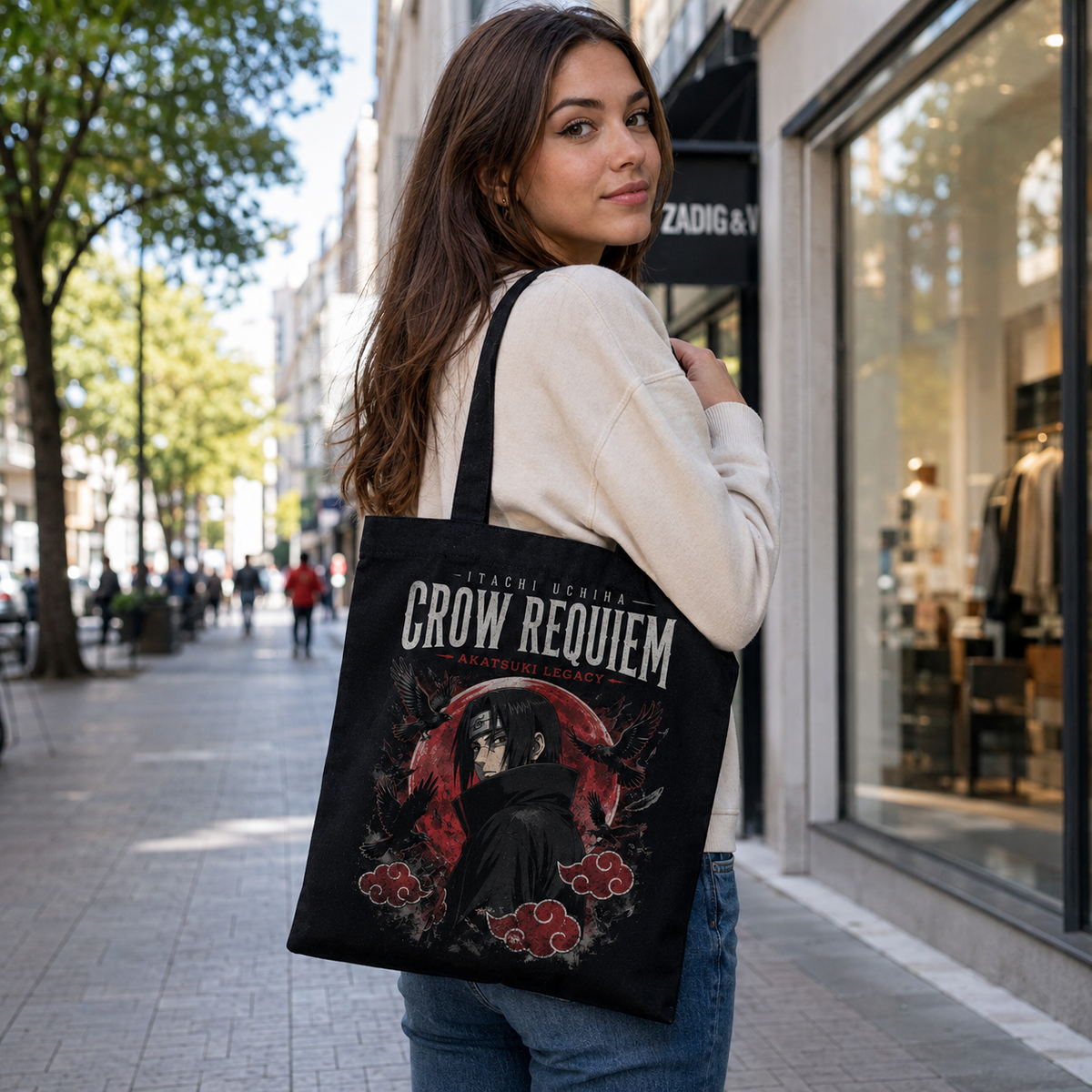 Black tote bag with Itachi Uchiha Naruto Crow Requiem graphic – photo 3