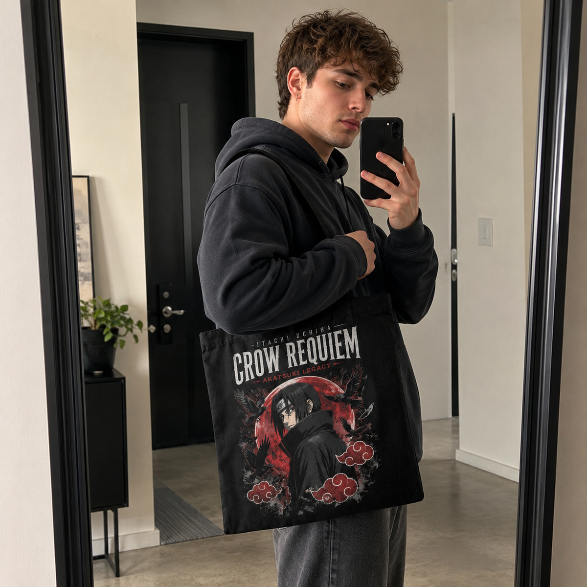 Black tote bag with Itachi Uchiha Naruto Crow Requiem graphic – photo 4