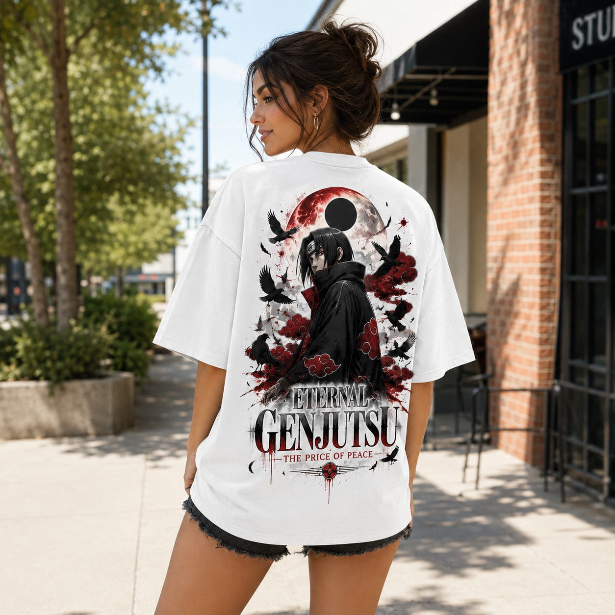 White t-shirt with Itachi Uchiha Naruto Eternal Genjutsu graphic – photo 3