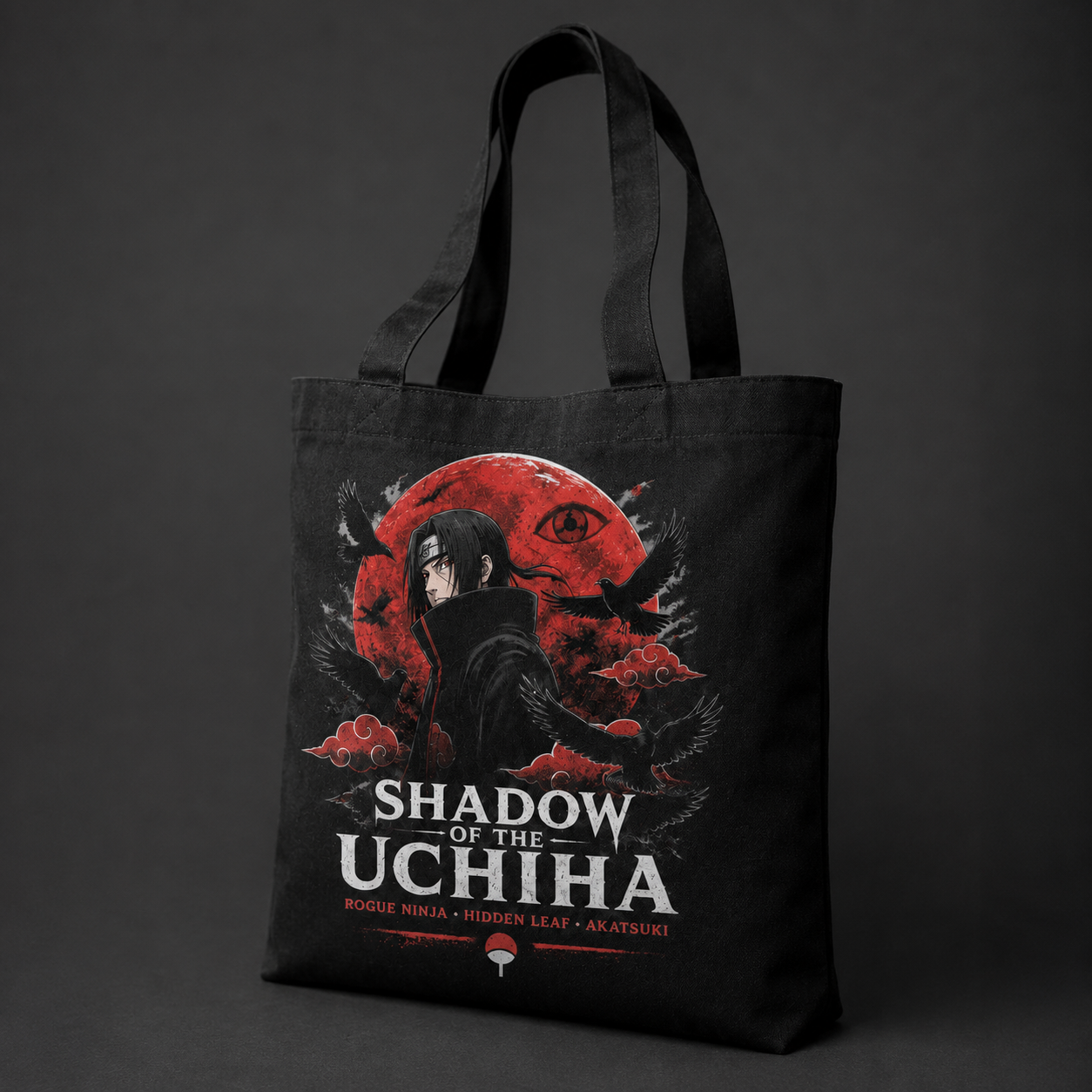 Black tote bag with Itachi Uchiha Naruto Shadow Of The Uchiha graphic – photo 2