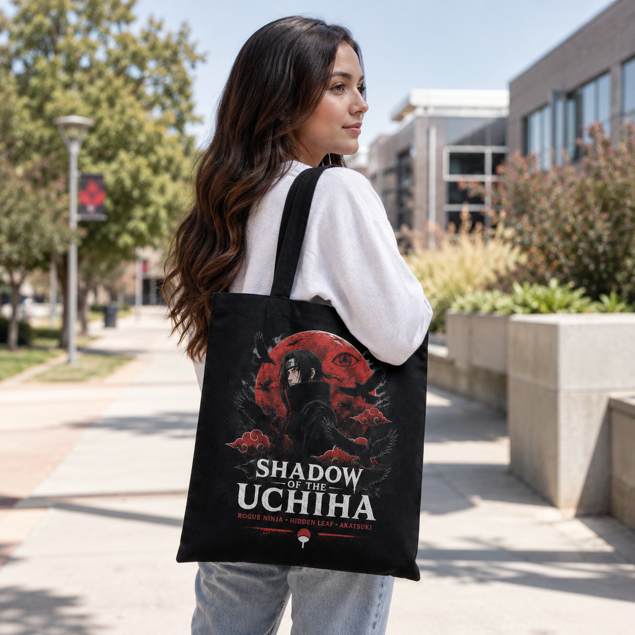 Black tote bag with Itachi Uchiha Naruto Shadow Of The Uchiha graphic – photo 3