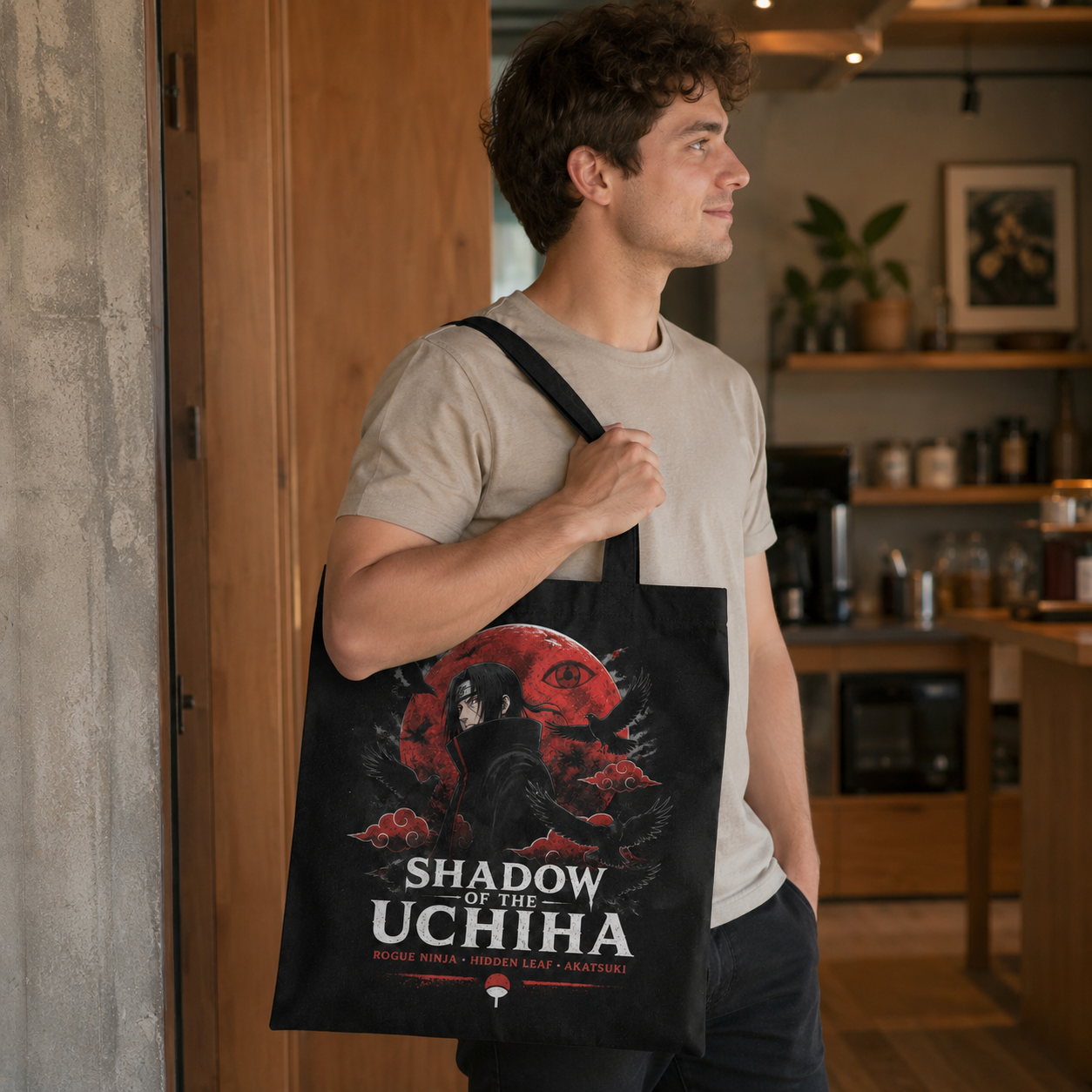 Black tote bag with Itachi Uchiha Naruto Shadow Of The Uchiha graphic – photo 4