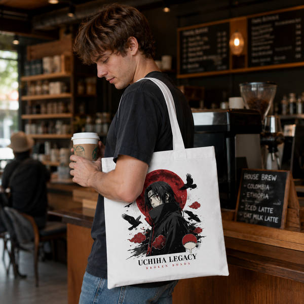 White tote bag with Itachi Uchiha Naruto Uchiha Broken Bonds graphic – photo 1