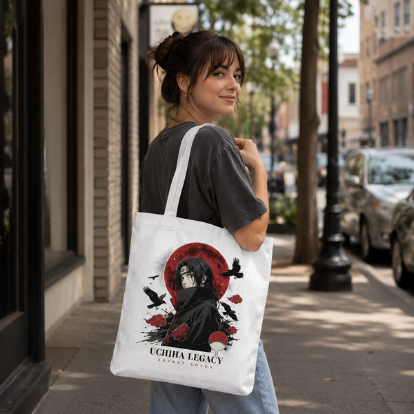 White tote bag with Itachi Uchiha Naruto Uchiha Broken Bonds graphic – photo 2