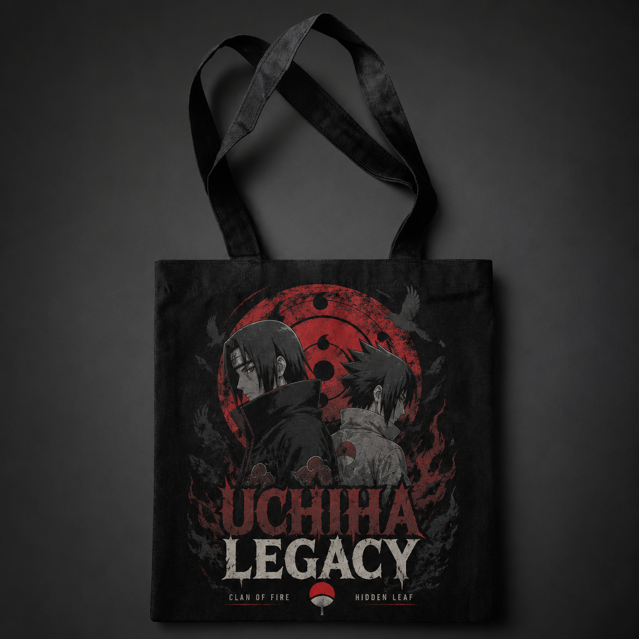 Black tote bag with Itachi Uchiha Naruto Uchiha Legacy Duo graphic – photo 1