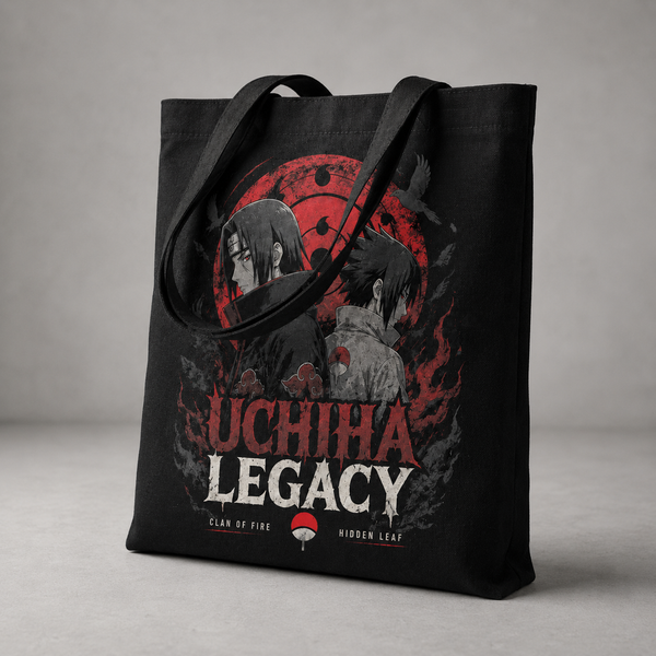 Black tote bag with Itachi Uchiha Naruto Uchiha Legacy Duo graphic – photo 2
