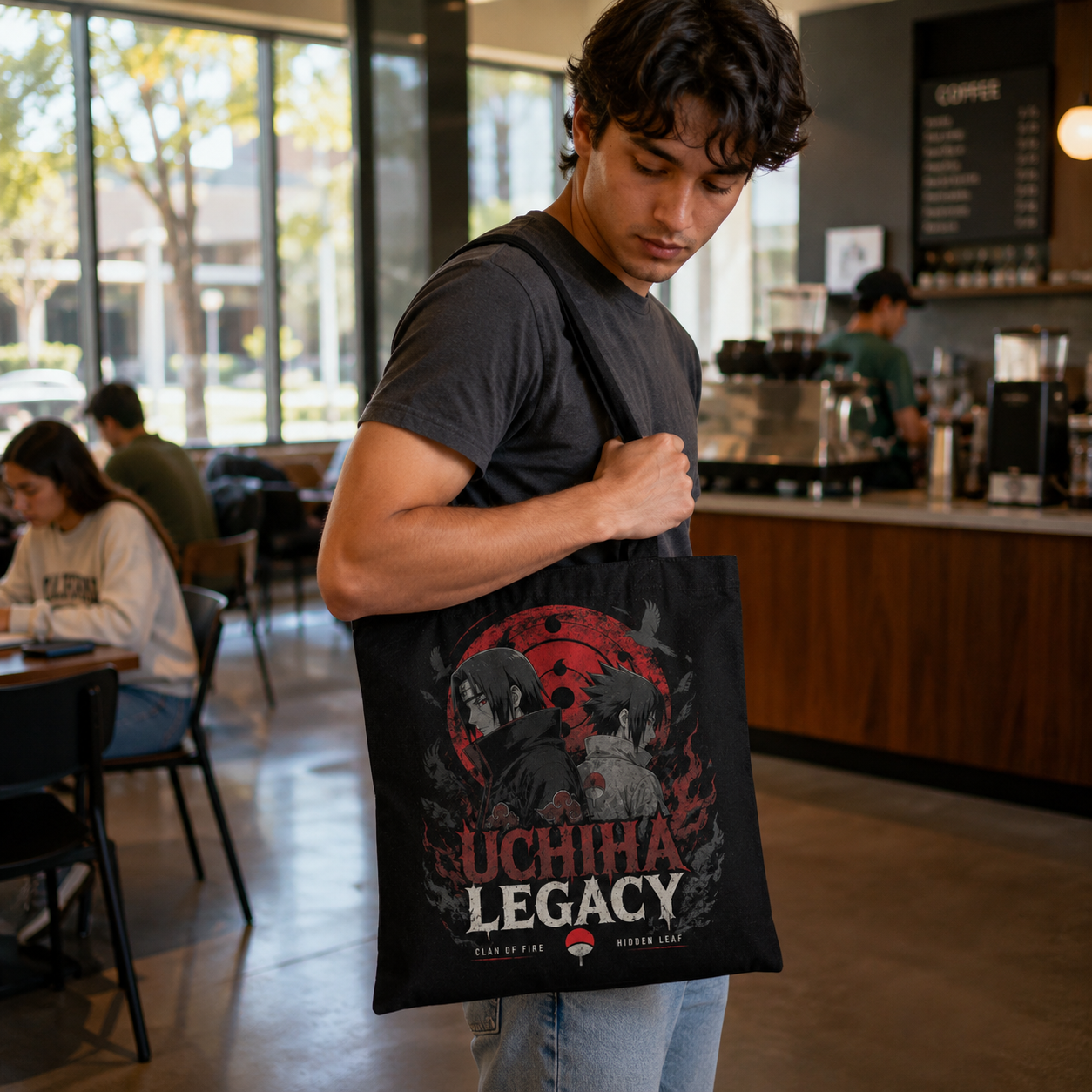 Black tote bag with Itachi Uchiha Naruto Uchiha Legacy Duo graphic – photo 4