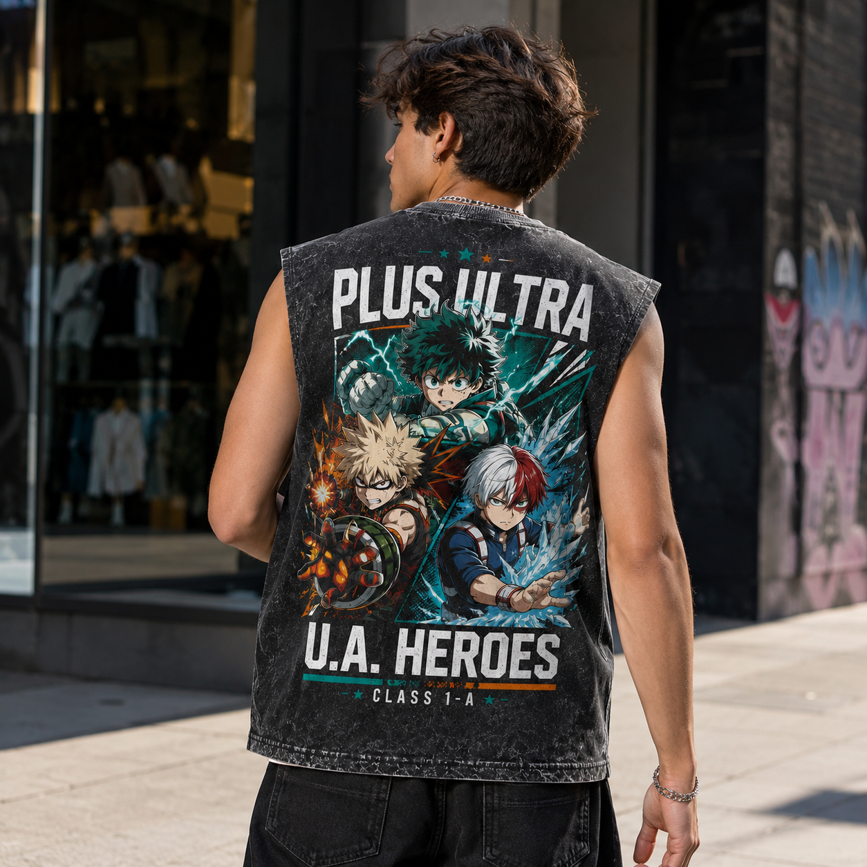 Washed black tank top with Izuku Midoriya/Deku & Katsuki Bakugo My Hero Academia U.A. Heroes Class 1-A graphic – photo 3