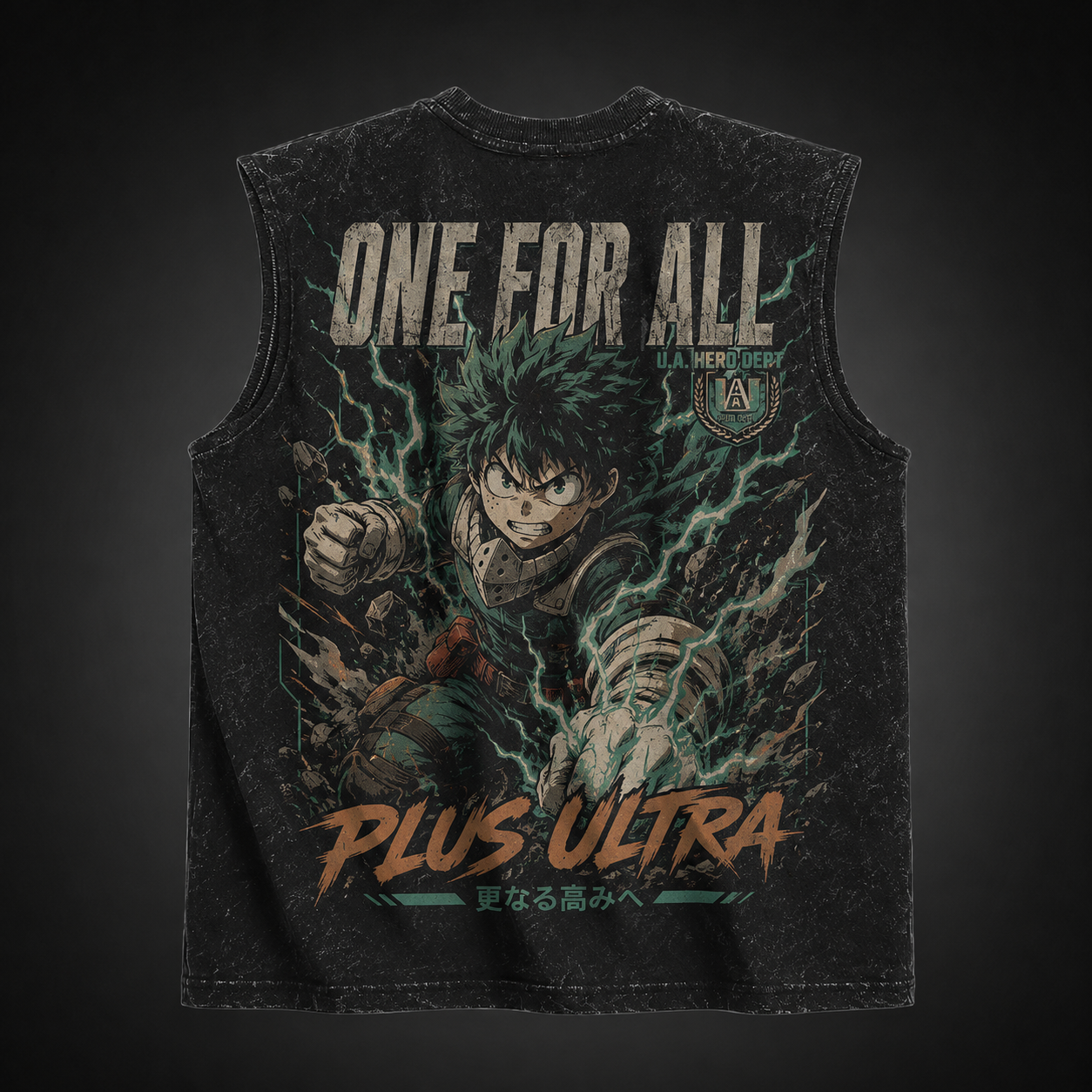 Washed black tank top with Izuku Midoriya/Deku My Hero Academia One For All Hero Dept graphic – photo 1