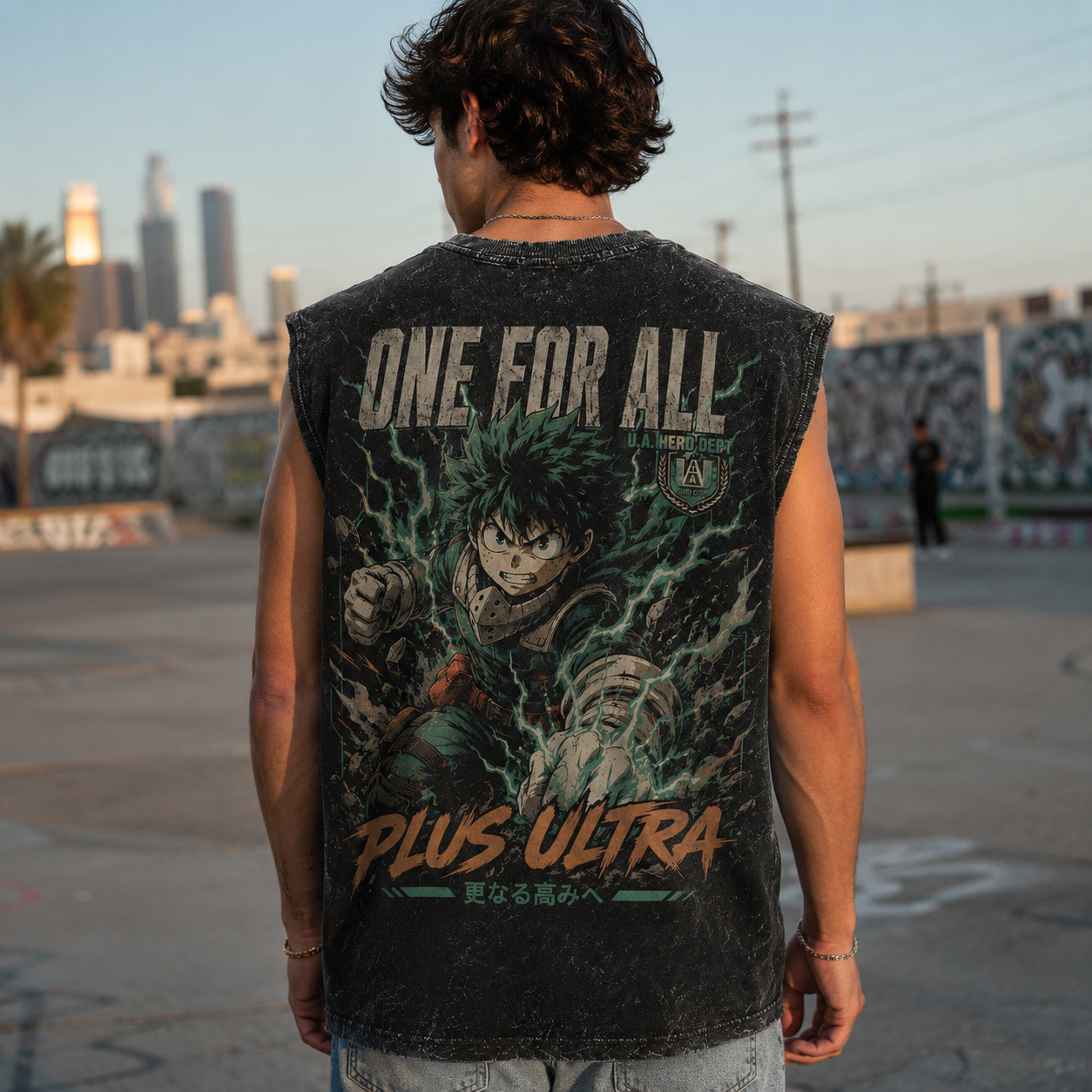 Washed black tank top with Izuku Midoriya/Deku My Hero Academia One For All Hero Dept graphic – photo 3