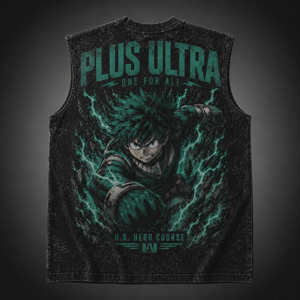 Washed black tank top with Izuku Midoriya/Deku My Hero Academia Plus Ultra One For All graphic – photo 1