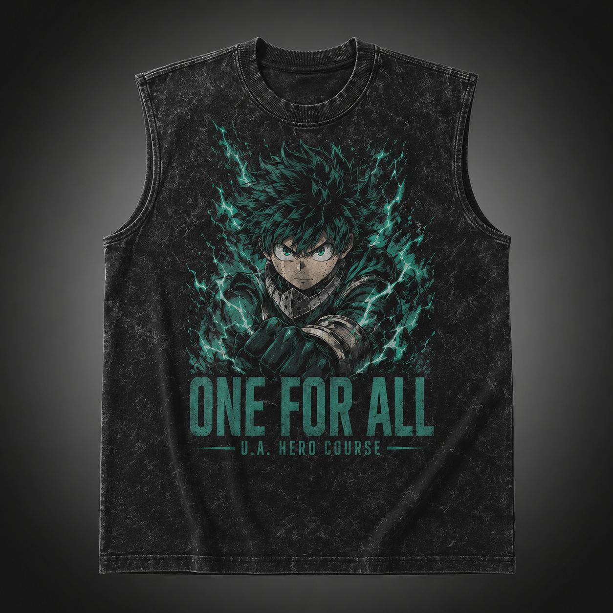 Washed black tank top with Izuku Midoriya/Deku My Hero Academia Plus Ultra One For All graphic – photo 2