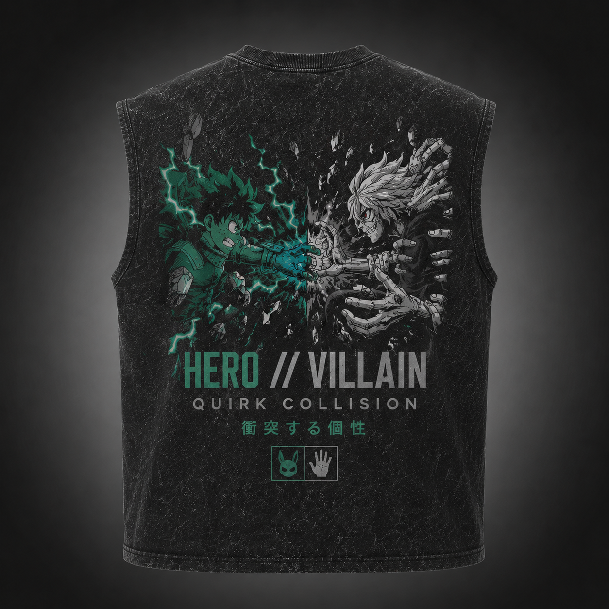 Washed black tank top with Izuku Midoriya/Deku & Shigaraki My Hero Academia Hero Villain Quirk Collision graphic – photo 1