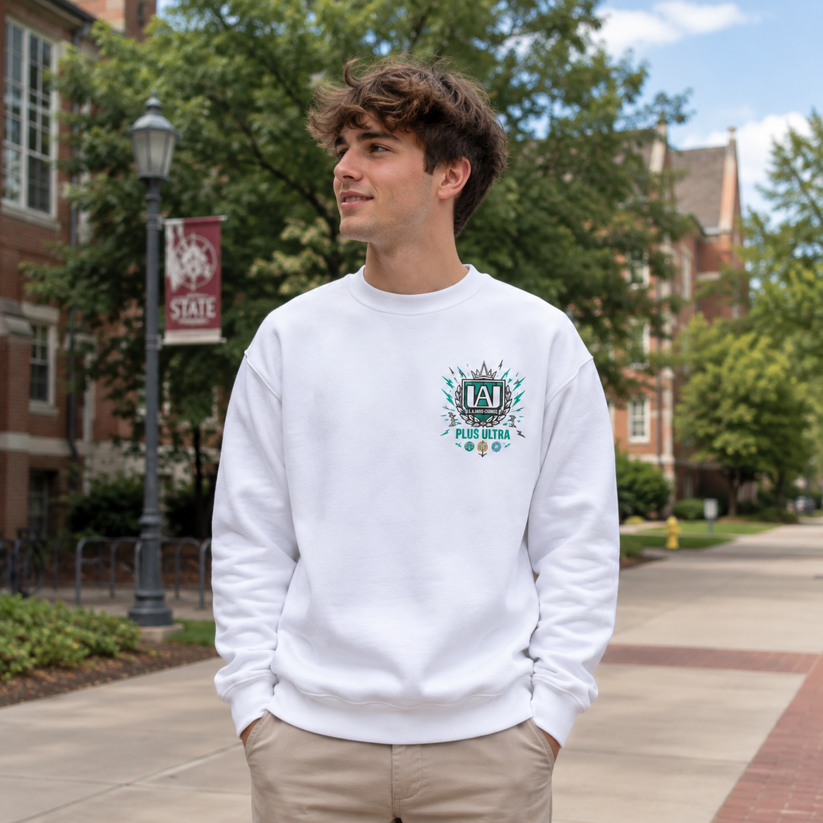 White sweatshirt with Izuku Midoriya, Katsuki Bakugo, Shoto Todoroki My Hero Academia Trio Panels graphic – photo 4