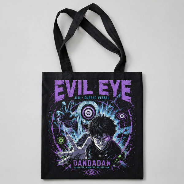 Black tote bag with Jiji Dandadan Evil Eye graphic – photo 1