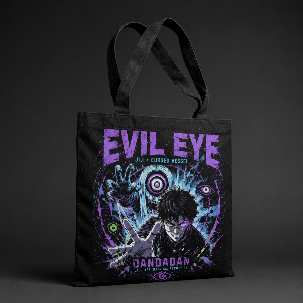 Black tote bag with Jiji Dandadan Evil Eye graphic – photo 2