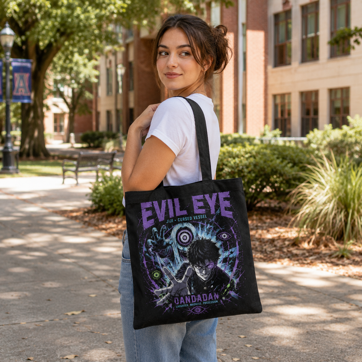 Black tote bag with Jiji Dandadan Evil Eye graphic – photo 3