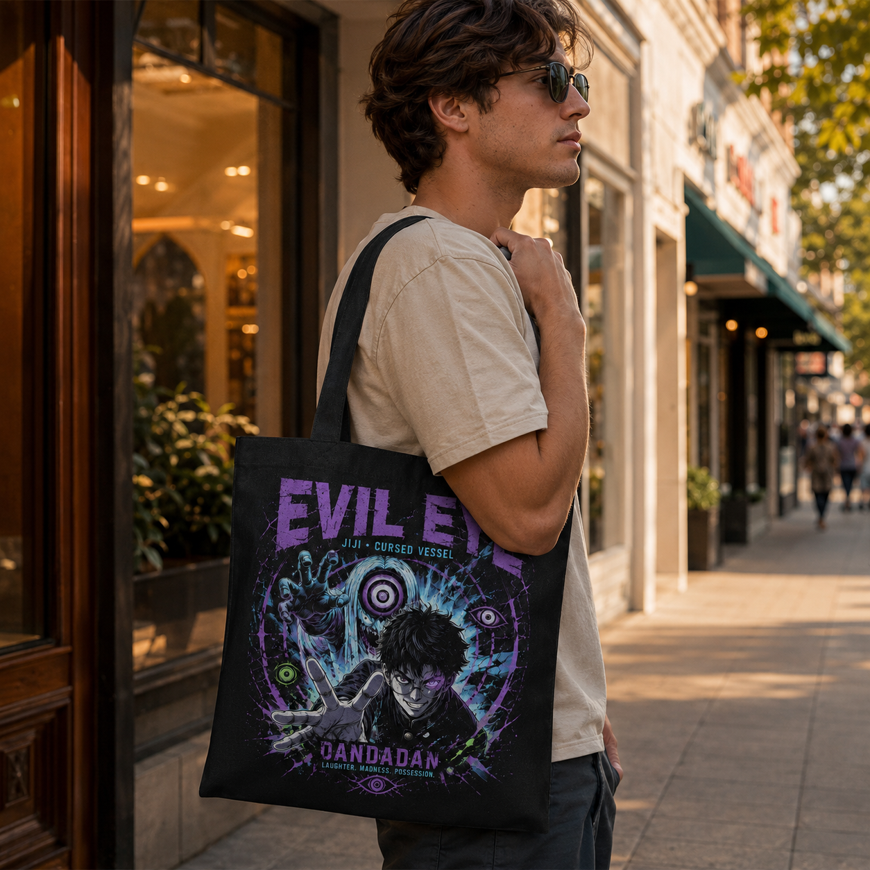 Black tote bag with Jiji Dandadan Evil Eye graphic – photo 4