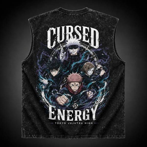 Washed black tank top with Jujutsu Kaisen Cursed Energy Crew graphic – photo 1