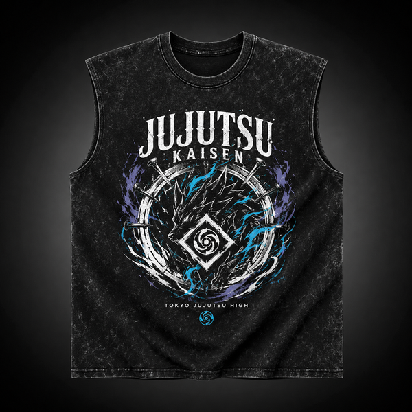 Washed black tank top with Jujutsu Kaisen Cursed Energy Crew graphic – photo 2
