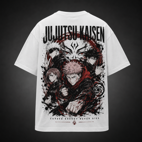 White t-shirt with Jujutsu Kaisen Cursed Energy Crew graphic – photo 1