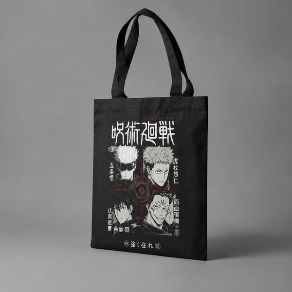Black tote bag with Jujutsu Kaisen Four Sorcerers Grid graphic – photo 2