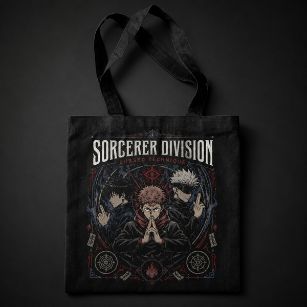 Black tote bag with Jujutsu Kaisen Sorcerer Division Trio graphic – photo 1