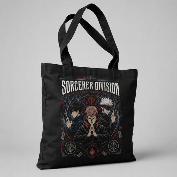 Black tote bag with Jujutsu Kaisen Sorcerer Division Trio graphic – photo 2