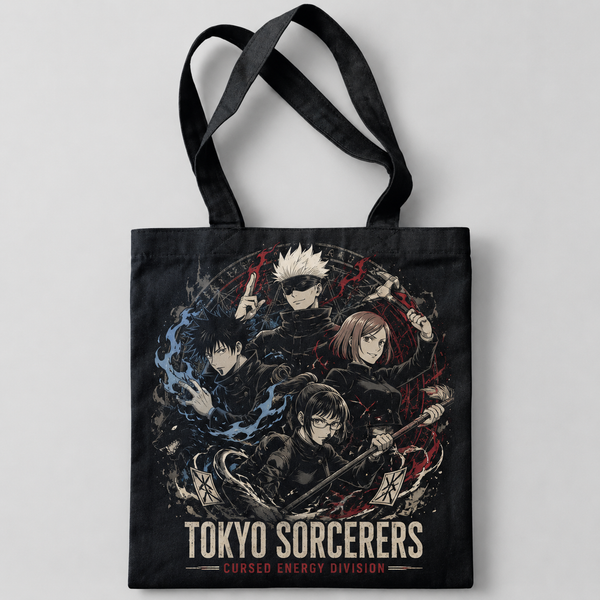 Black tote bag with Jujutsu Kaisen Tokyo Sorcerers Crew graphic – photo 1