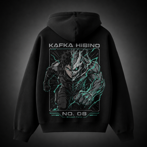 Black hoodie with Kafka Hibino Kaiju No. 8 Breach Form graphic – photo 1