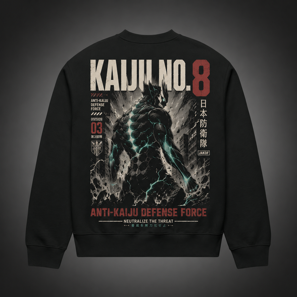 Black sweatshirt with Kafka Hibino Kaiju No. 8 Defense Force Division 03 graphic – photo 1
