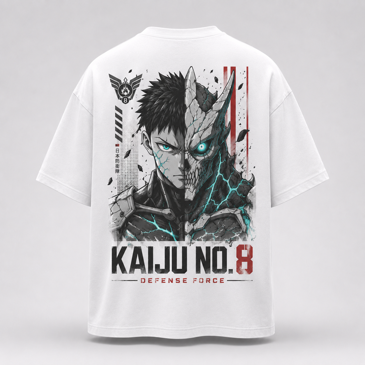 White t-shirt with Kafka Hibino Kaiju No. 8 Defense Force Duality graphic – photo 1