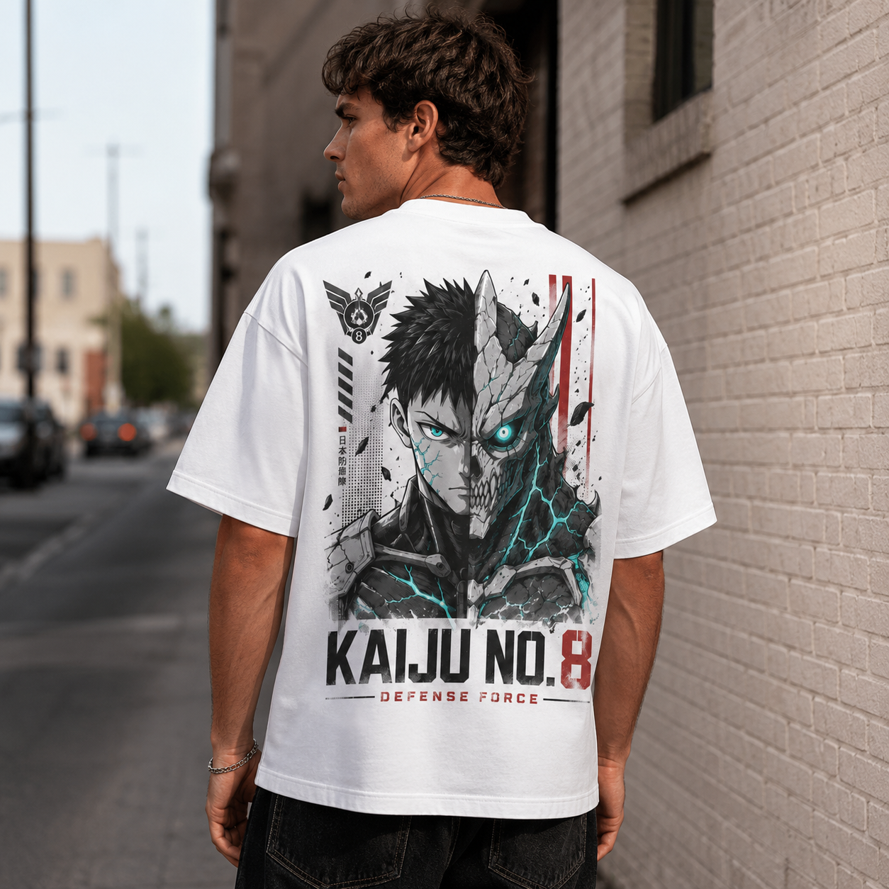 White t-shirt with Kafka Hibino Kaiju No. 8 Defense Force Duality graphic – photo 3