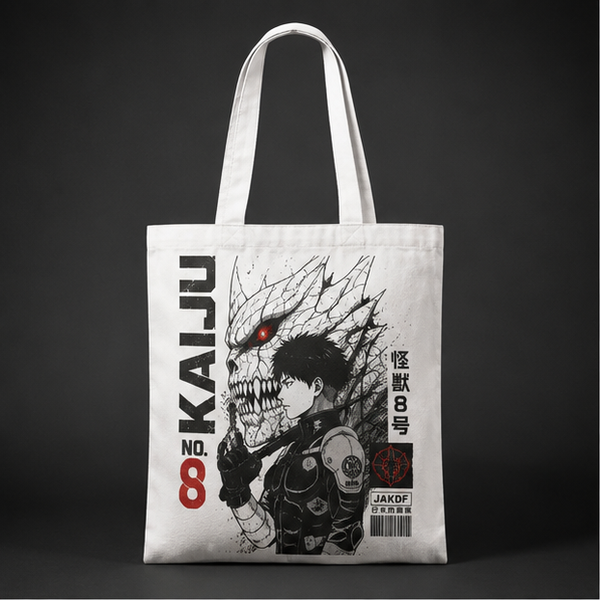 Natural tote bag with Kafka Hibino Kaiju No. 8 Kaiju Mask Reveal graphic – photo 1
