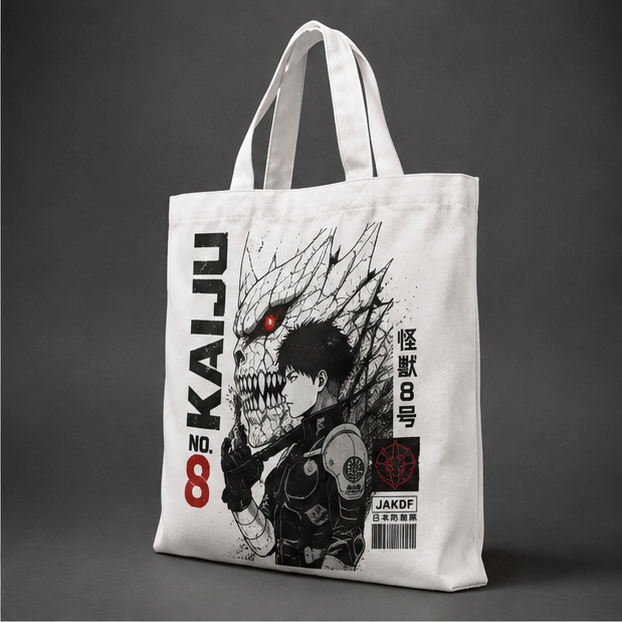 Natural tote bag with Kafka Hibino Kaiju No. 8 Kaiju Mask Reveal graphic – photo 2