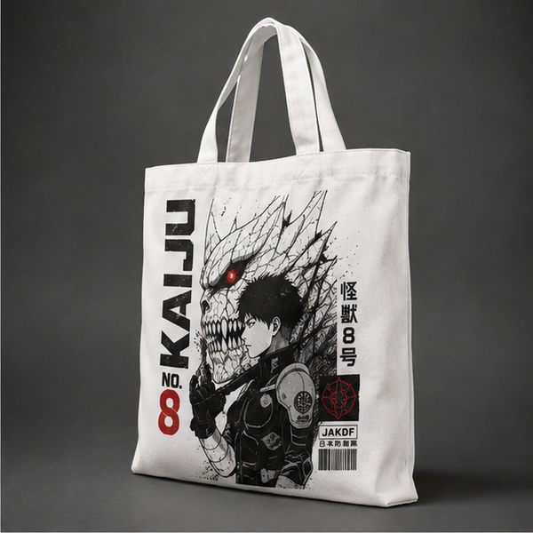 Natural tote bag with Kafka Hibino Kaiju No. 8 Kaiju Mask Reveal graphic – photo 2