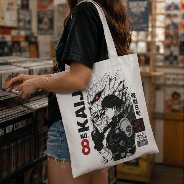 Natural tote bag with Kafka Hibino Kaiju No. 8 Kaiju Mask Reveal graphic – photo 3