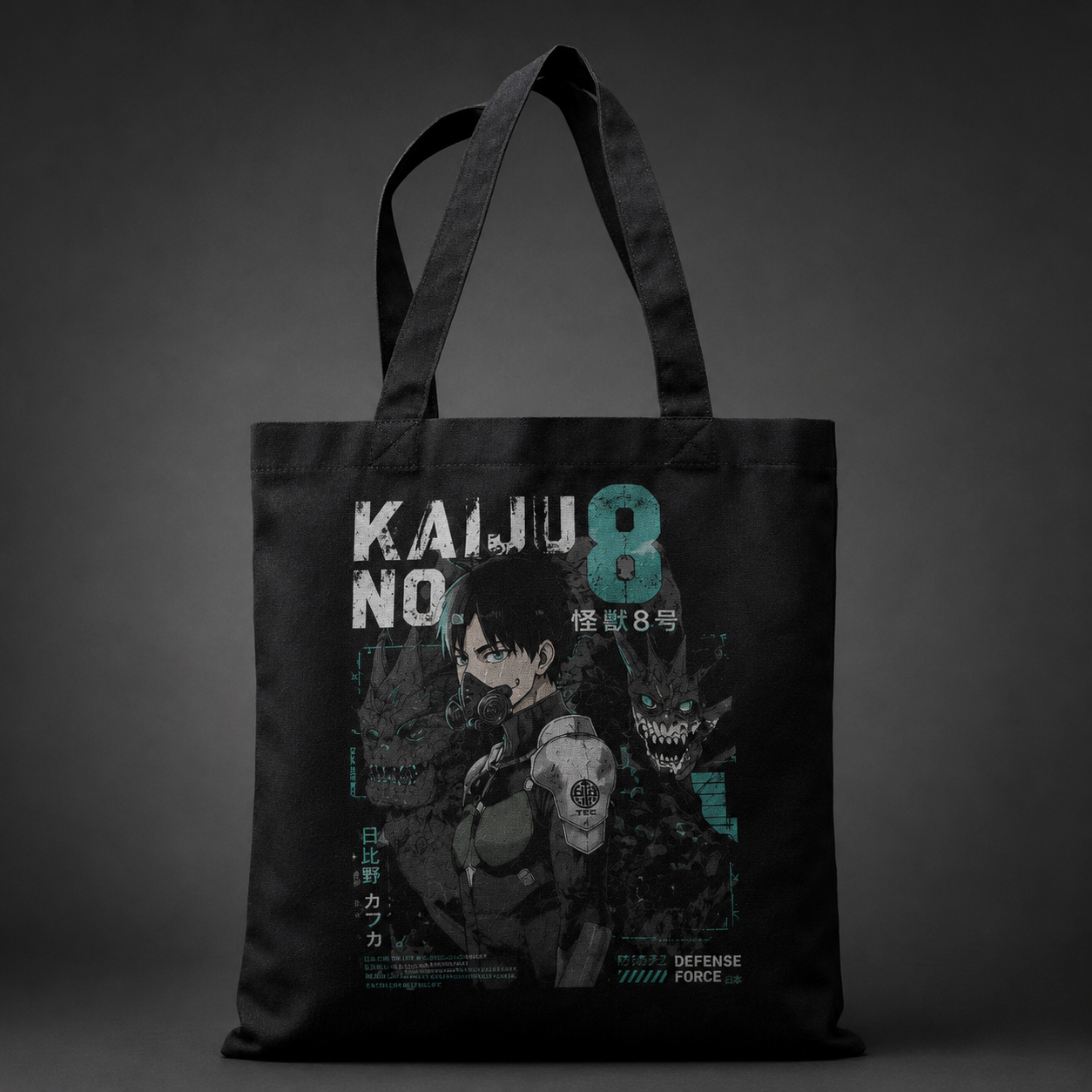 Black tote bag with Kafka Hibino Kaiju No. 8 Kaiju No. 8 Defense graphic – photo 1