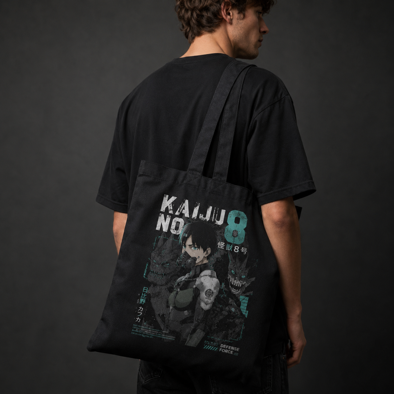 Black tote bag with Kafka Hibino Kaiju No. 8 Kaiju No. 8 Defense graphic – photo 2