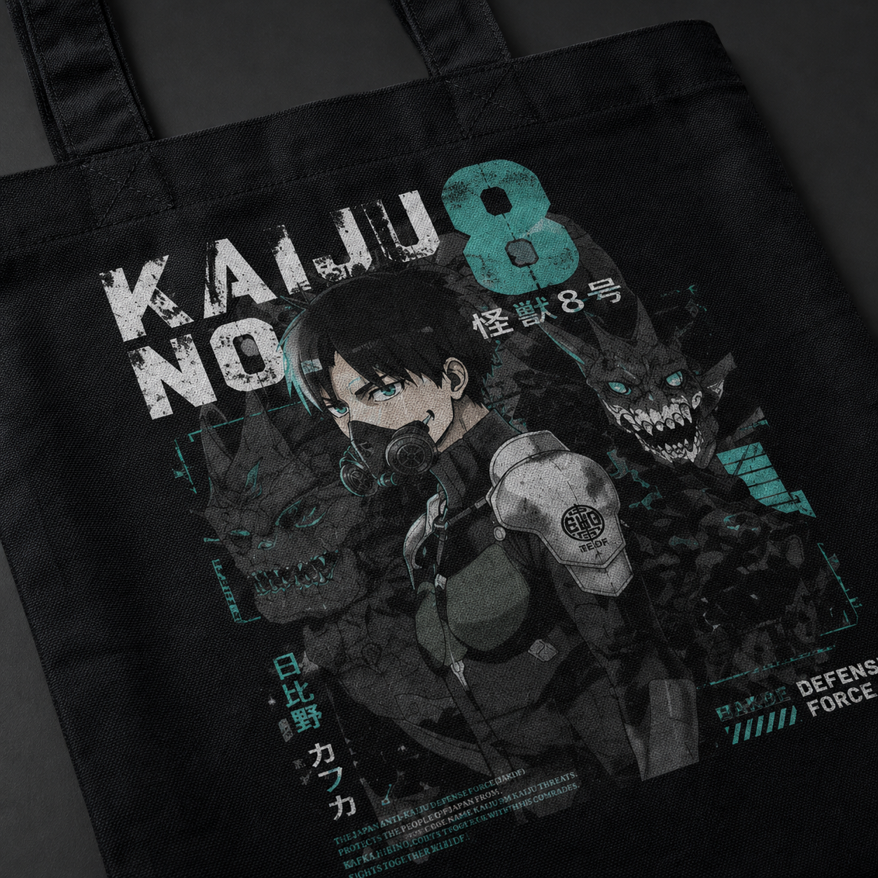 Black tote bag with Kafka Hibino Kaiju No. 8 Kaiju No. 8 Defense graphic – photo 4