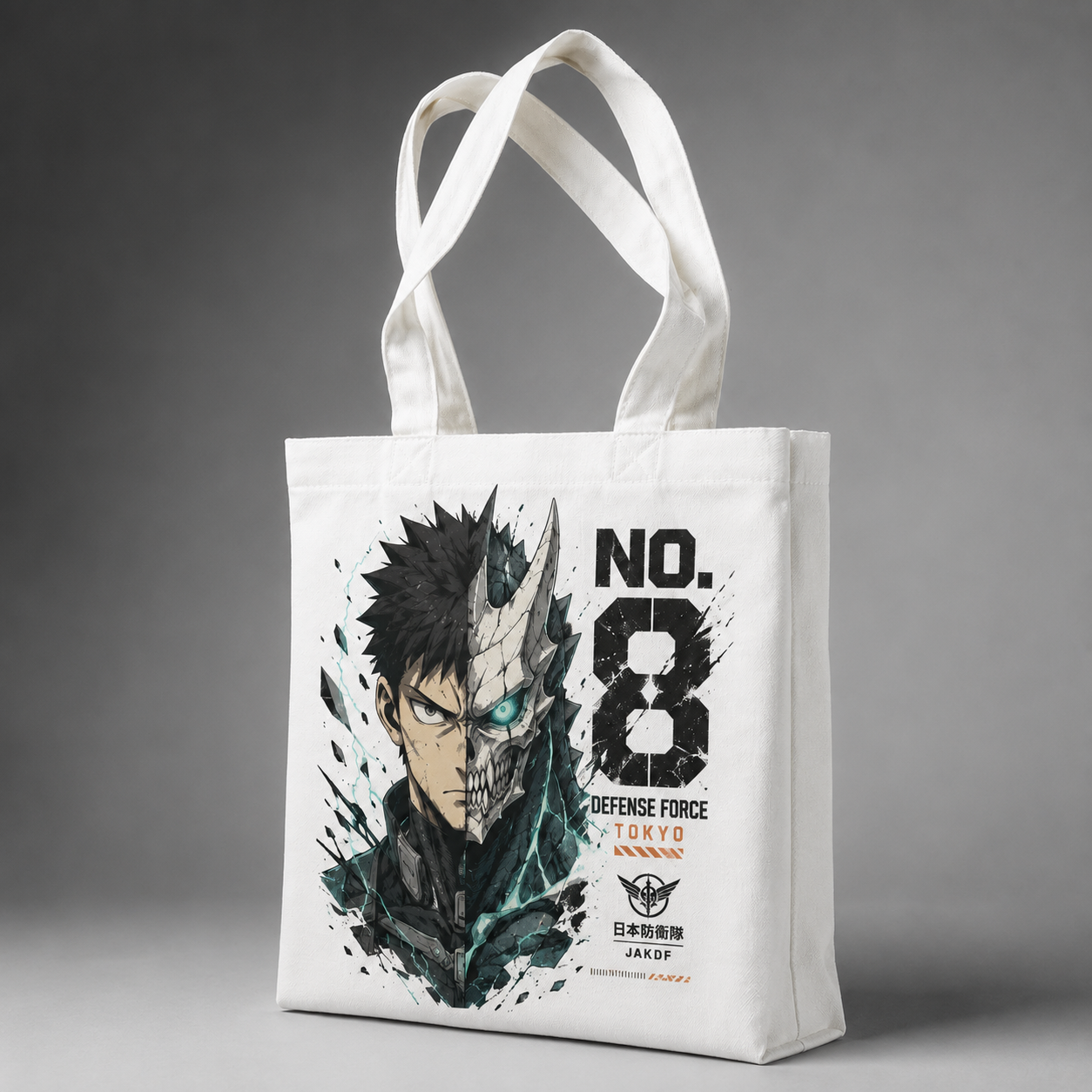 Natural tote bag with Kafka Hibino Kaiju No. 8 Monster Within graphic – photo 2