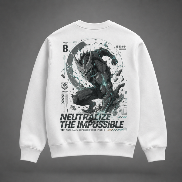 White sweatshirt with Kafka Hibino Kaiju No. 8 Neutralize The Impossible graphic – photo 1